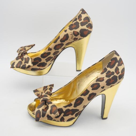 Coach Women's 8 Leopard Print Satin Peep Toe Gold Heels Daisey - Picture 2 of 11